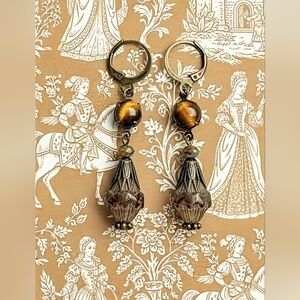 Victorian Tiger Eye & Rustic Glass In Brass Earrings